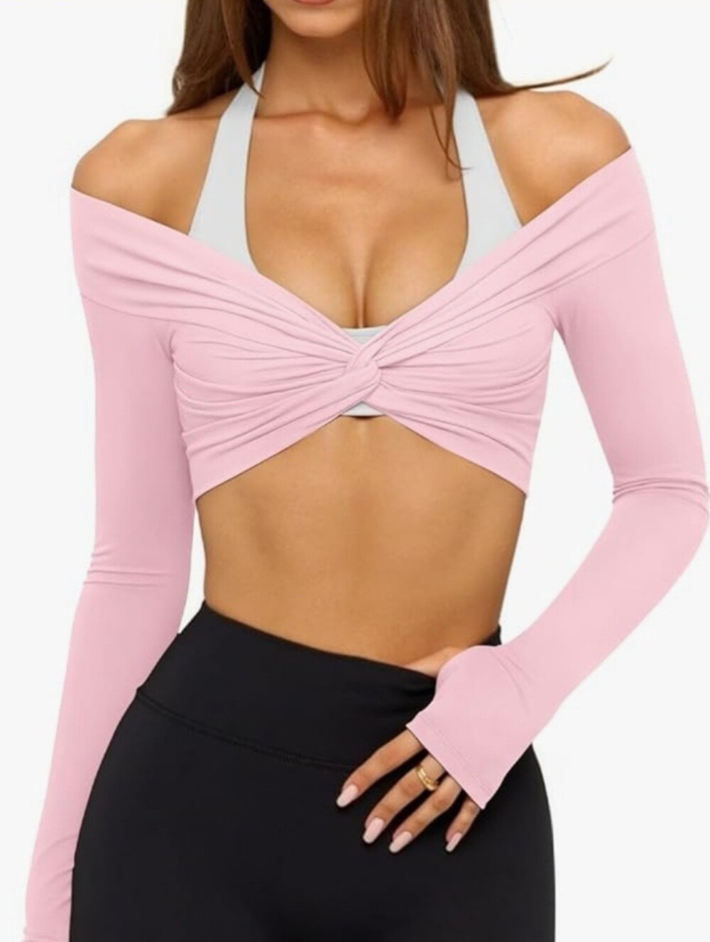LASLULU Womens Twist Front Long Sleeve Workout Top Pink XS NWOT